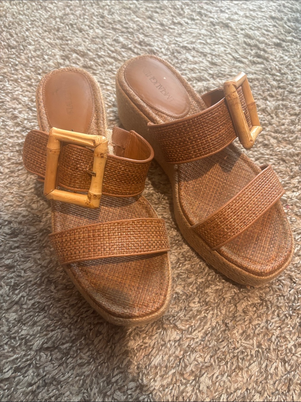 J. McLaughlin Tan Woven Platform Slide Sandals with Bamboo Buckles